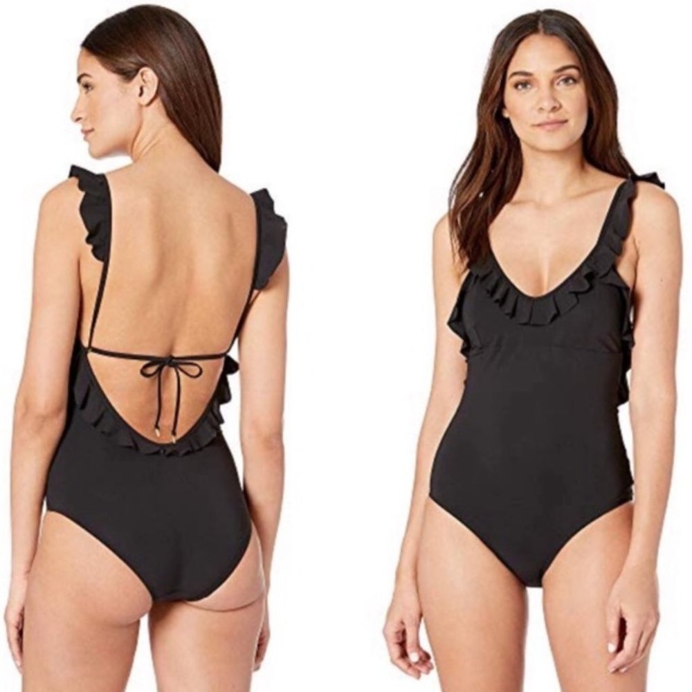 Tory Burch Solid Plunge Ruffle One Piece Swimsuit